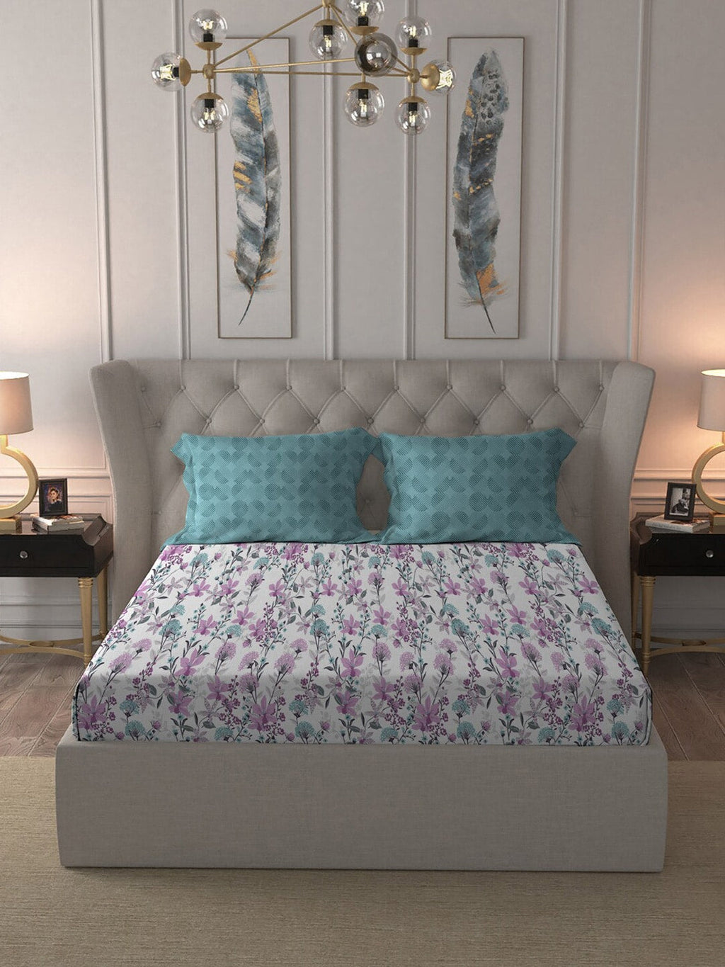 MYTRIDENT Violet White Floral Cotton 144 TC Queen Bedsheet With 2 Pillow Covers | Grocsy
