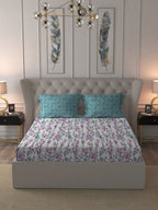 MYTRIDENT Violet White Floral Cotton 144 TC Queen Bedsheet With 2 Pillow Covers | Grocsy