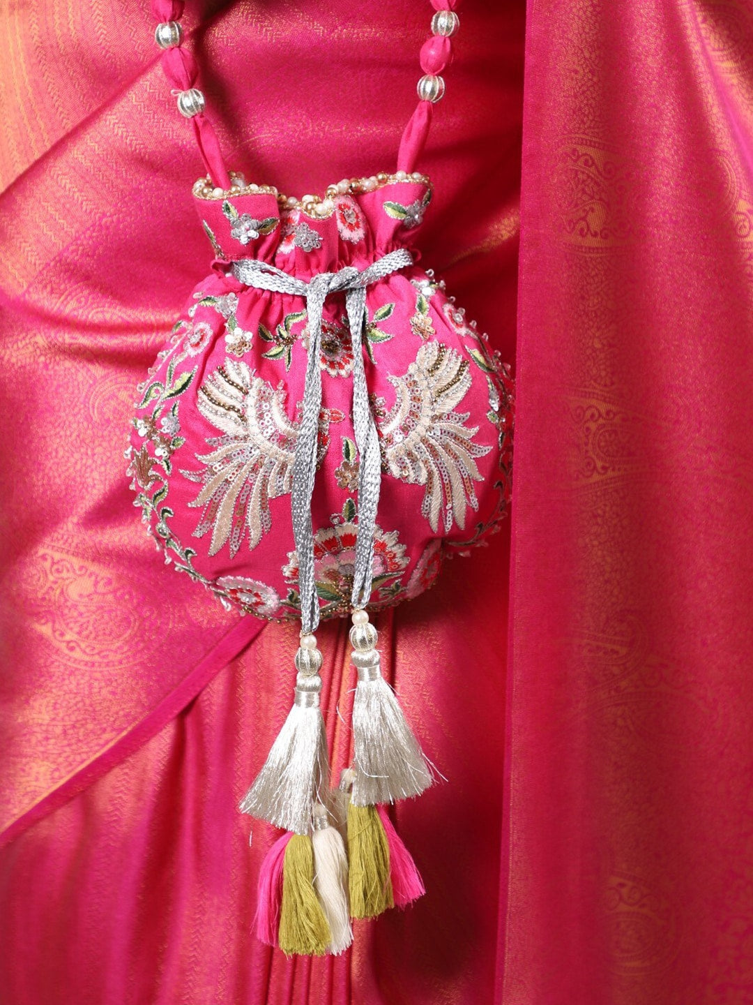 Masq Magenta & White Embroidered Potli Clutch | Grocsy