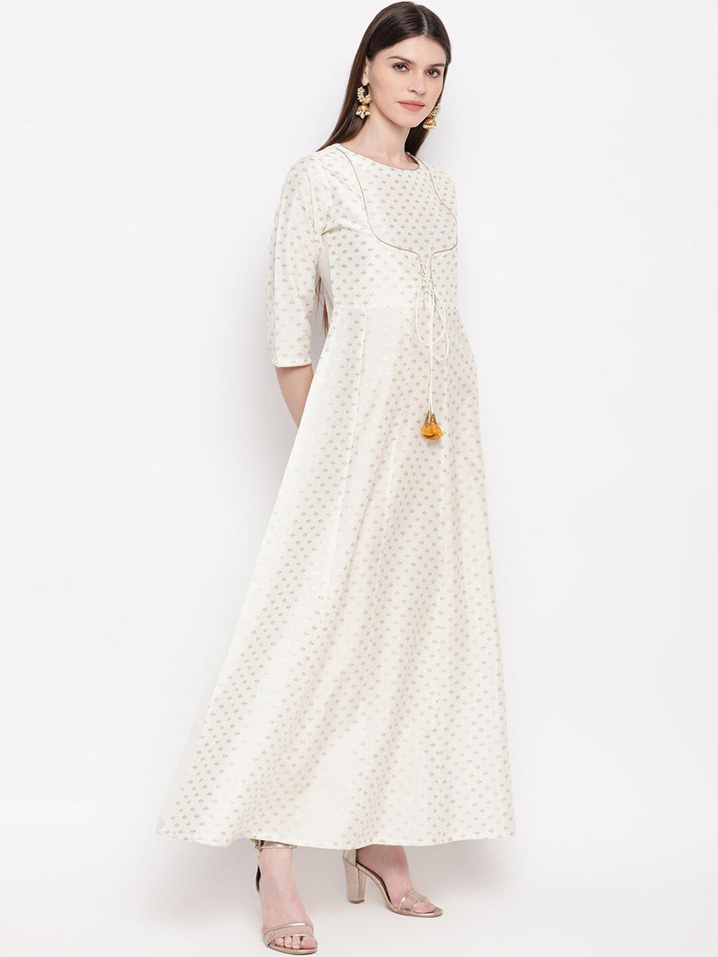 Janasya Women Off White & Gold-Toned Geometric Printed Anarkali Kurta | Grocsy