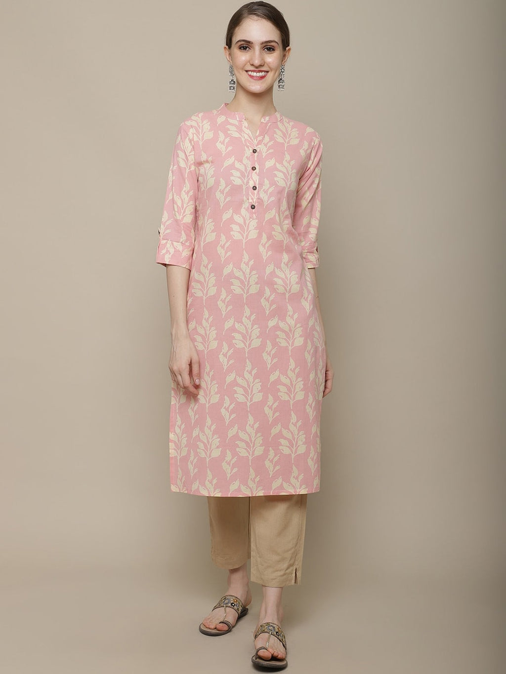 Sangria Women Pink & Beige Cotton Floral Printed Floral Kurta | Grocsy