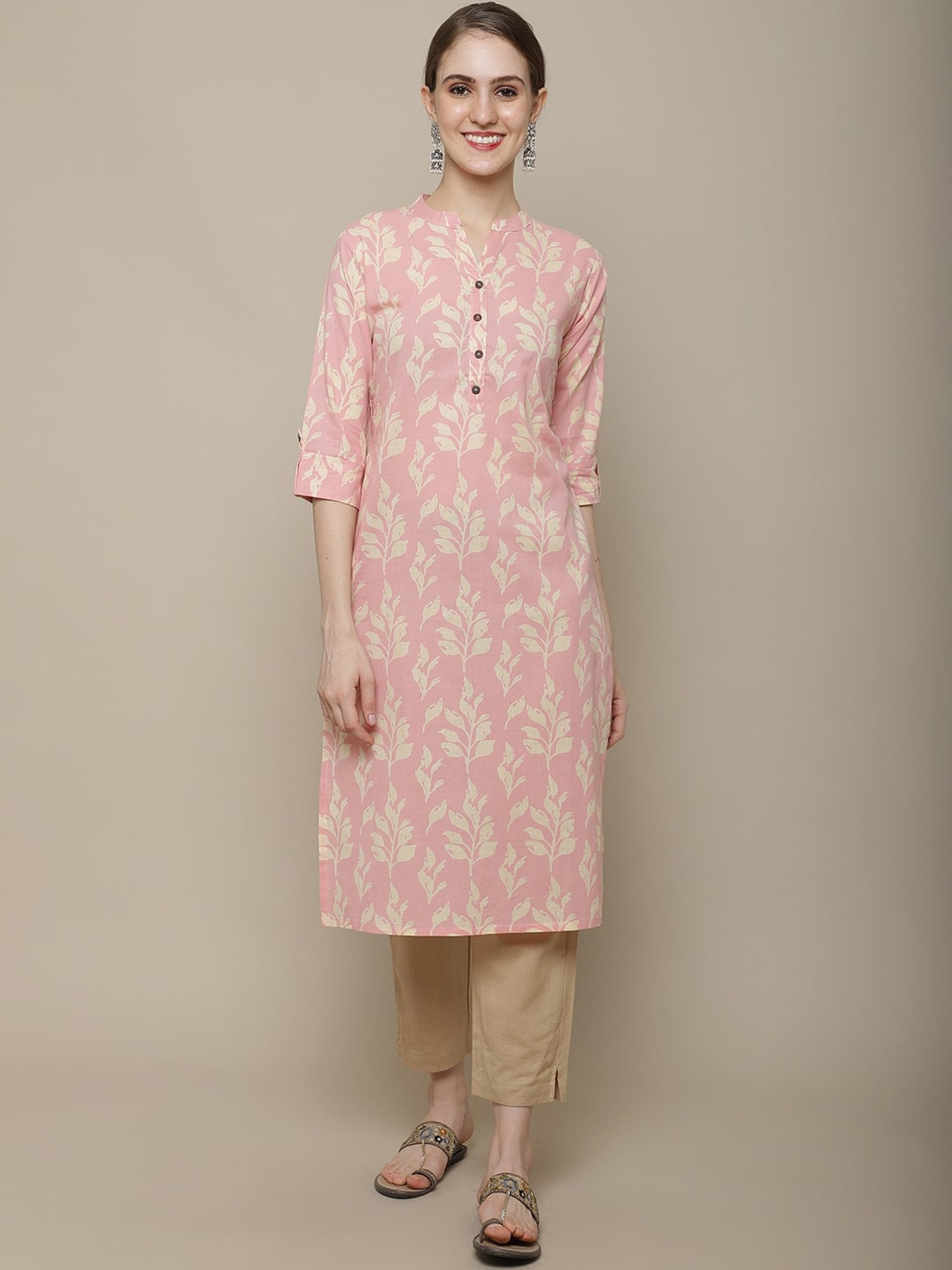 Sangria Women Pink & Beige Cotton Floral Printed Floral Kurta | Grocsy