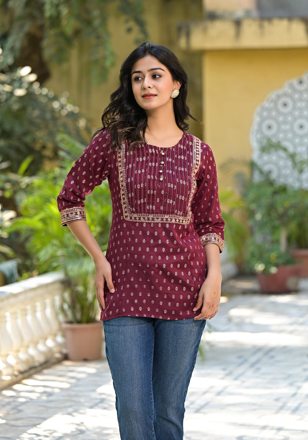 Juniper Women's Wine Ethnic Motif Printed Rayon Tunic With Sequins & Lace | Grocsy