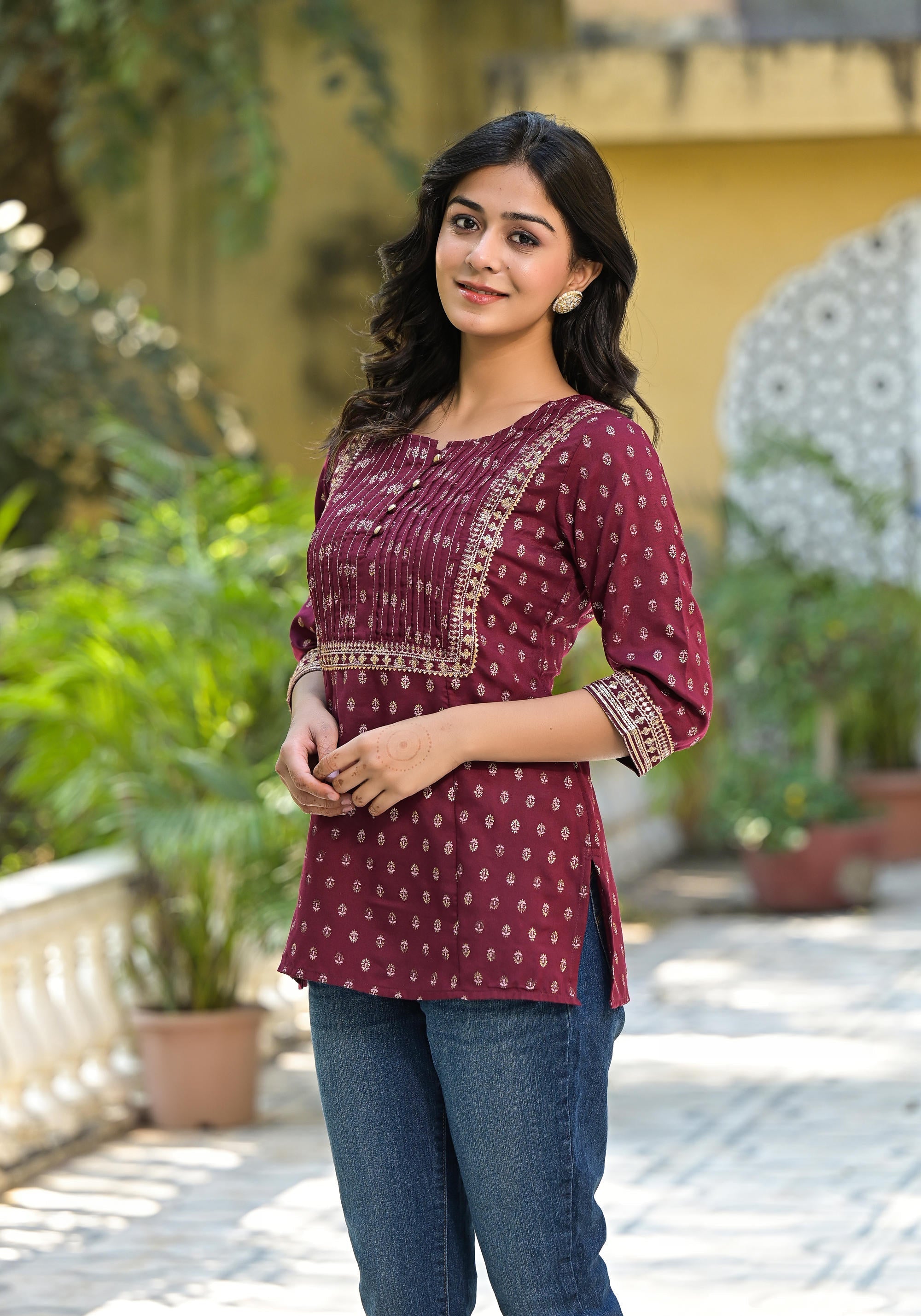 Juniper Women's Wine Ethnic Motif Printed Rayon Tunic With Sequins & Lace | Grocsy