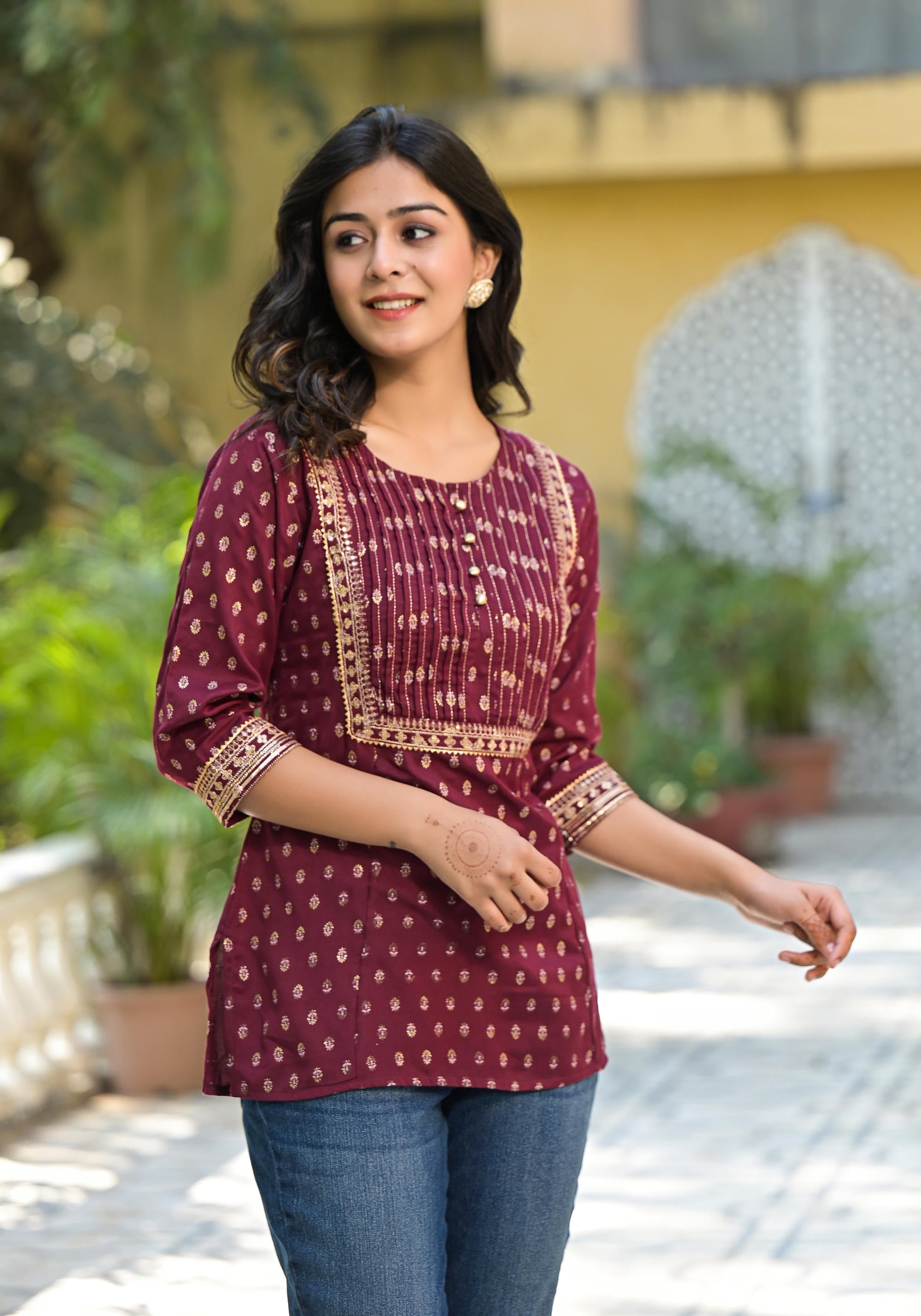 Juniper Women's Wine Ethnic Motif Printed Rayon Tunic With Sequins & Lace | Grocsy