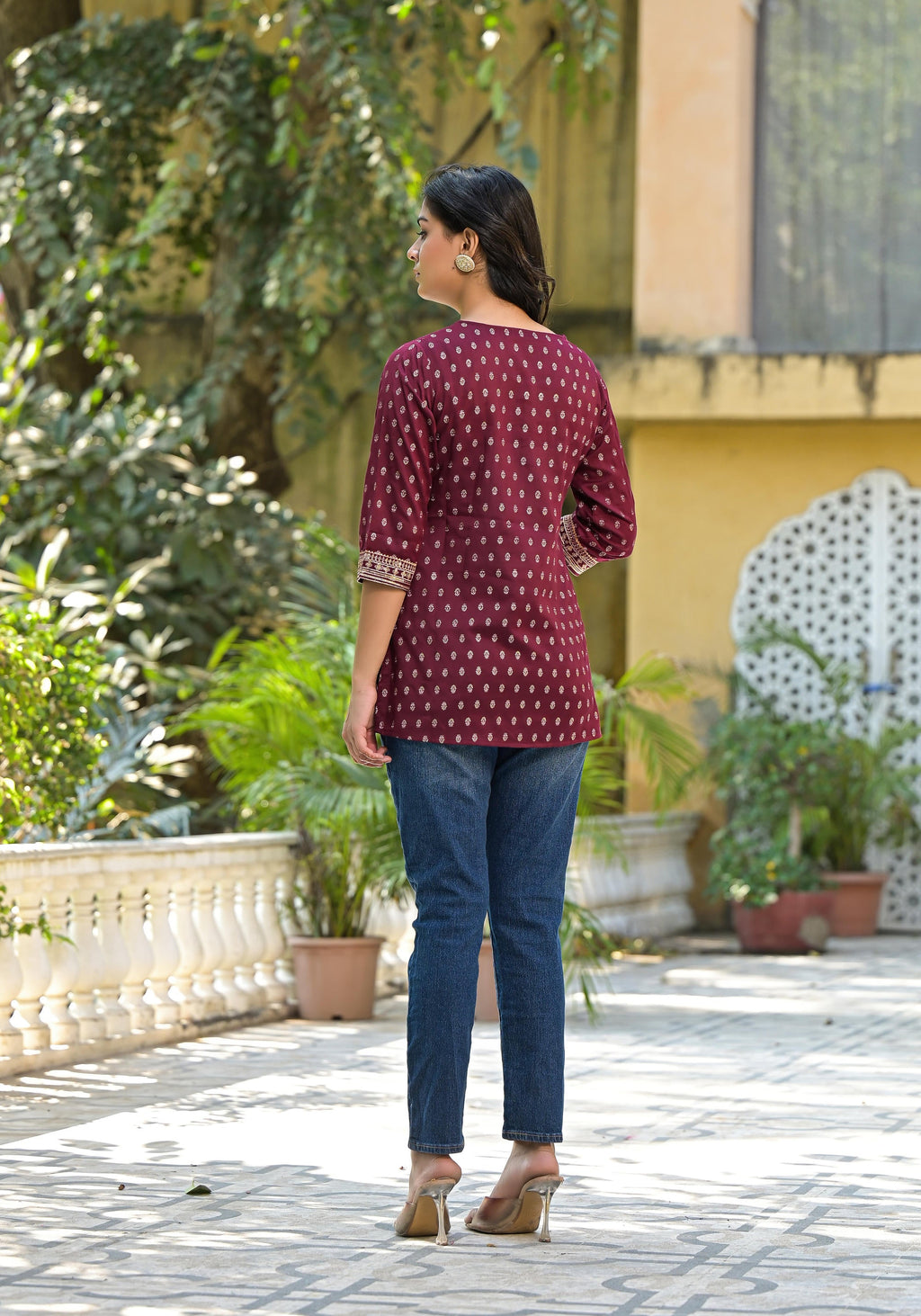 Juniper Women's Wine Ethnic Motif Printed Rayon Tunic With Sequins & Lace | Grocsy