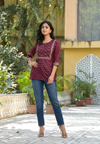 Juniper Women's Wine Ethnic Motif Printed Rayon Tunic With Sequins & Lace | Grocsy