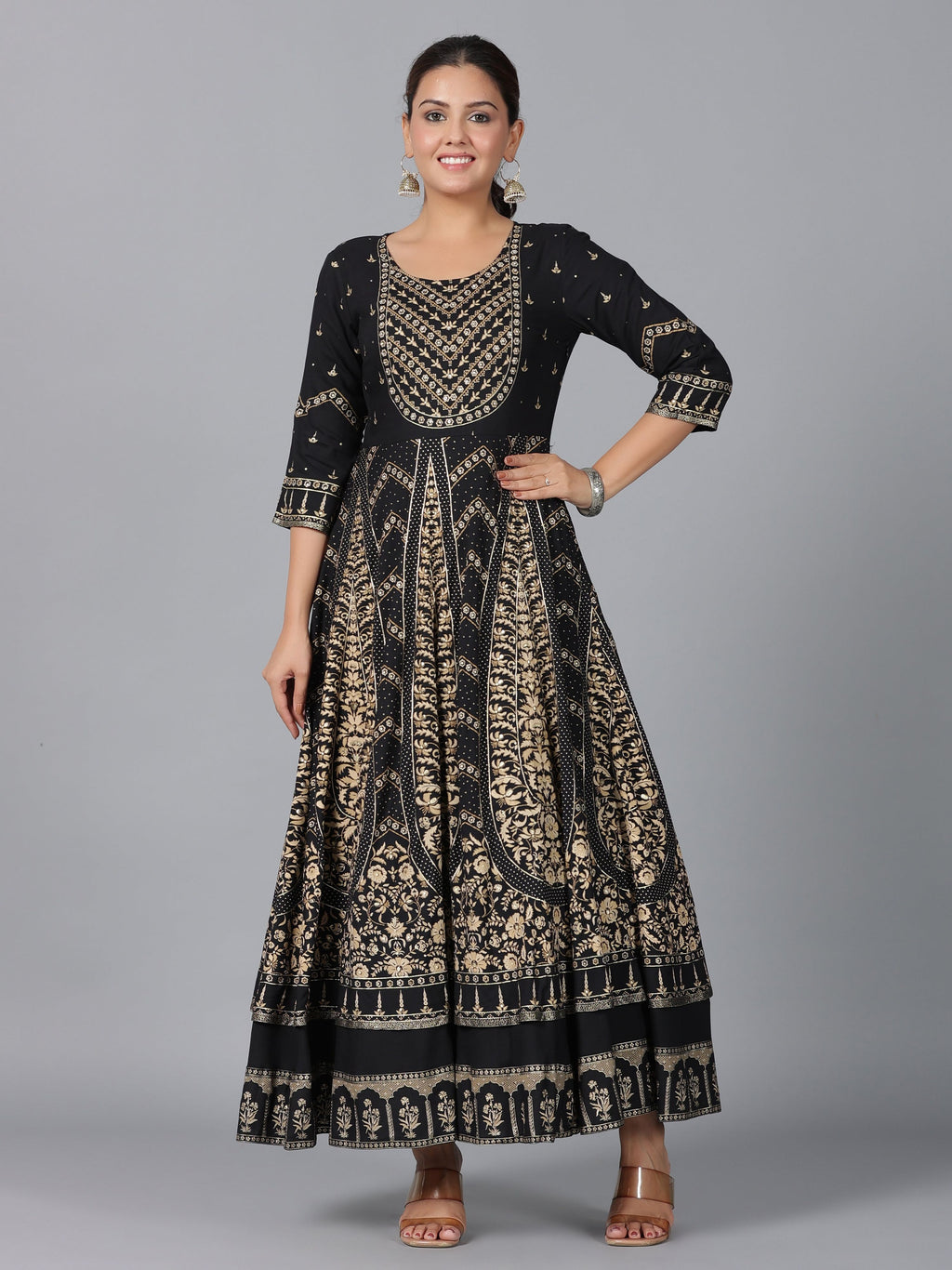 Juniper Women Black Rayon Printed Anarkali Dress | Grocsy
