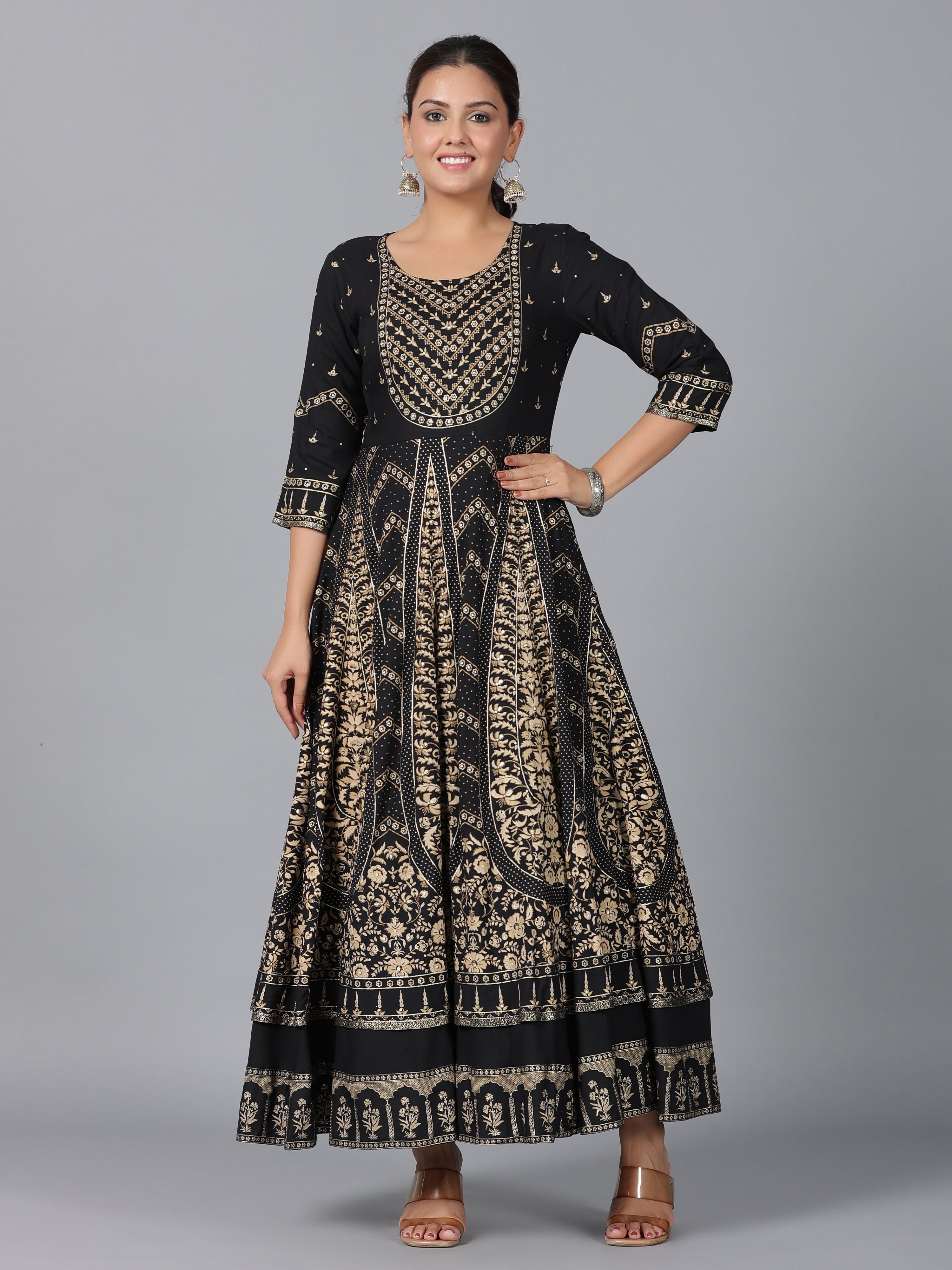 Juniper Women Black Rayon Printed Anarkali Dress | Grocsy