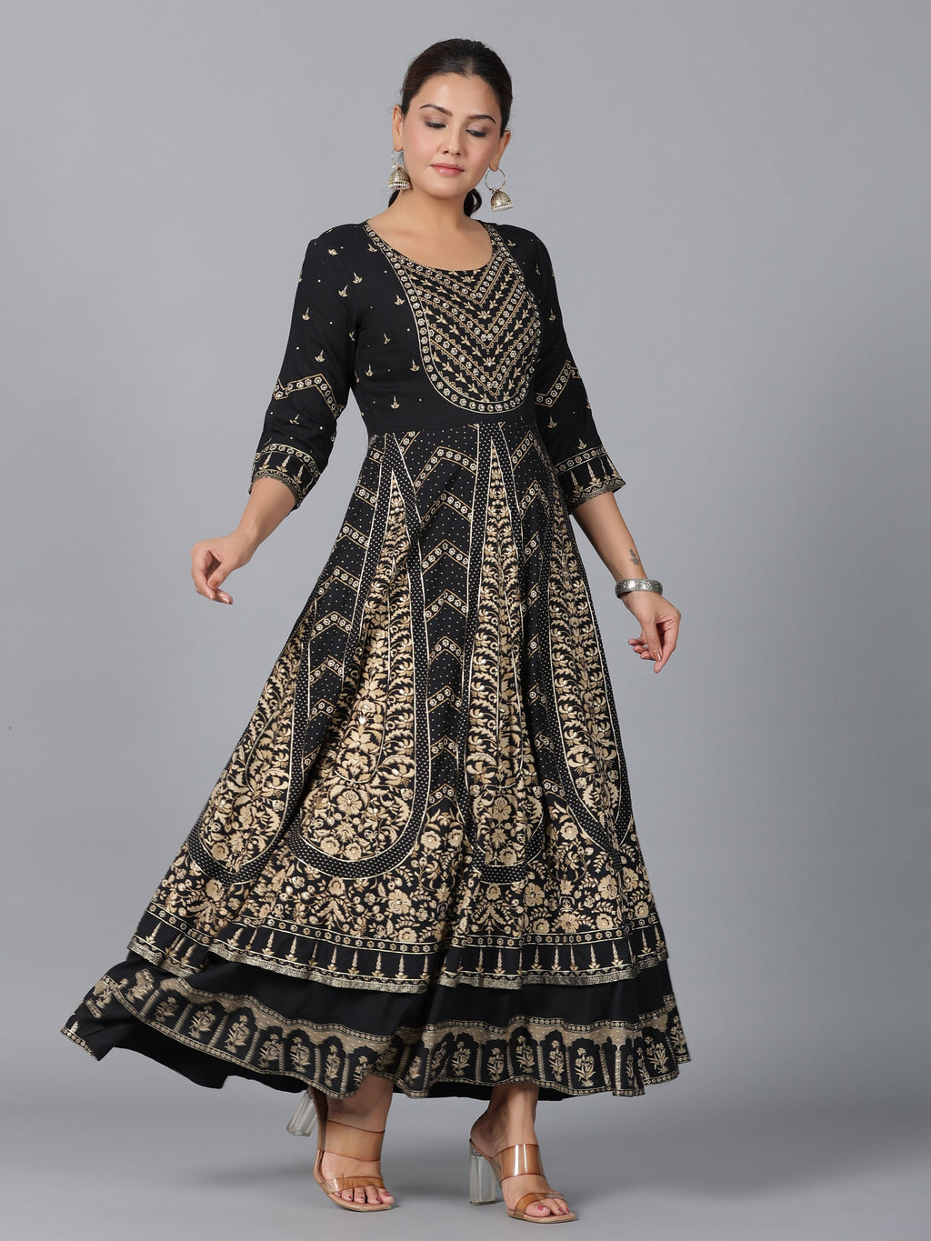 Juniper Women Black Rayon Printed Anarkali Dress | Grocsy