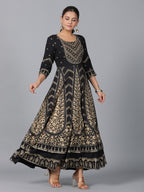 Juniper Women Black Rayon Printed Anarkali Dress | Grocsy
