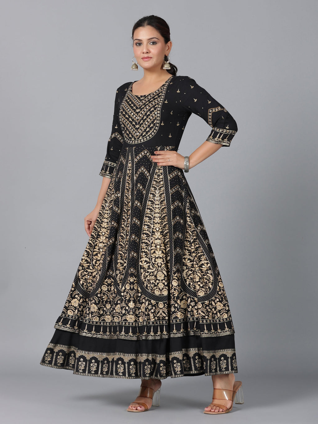 Juniper Women Black Rayon Printed Anarkali Dress | Grocsy