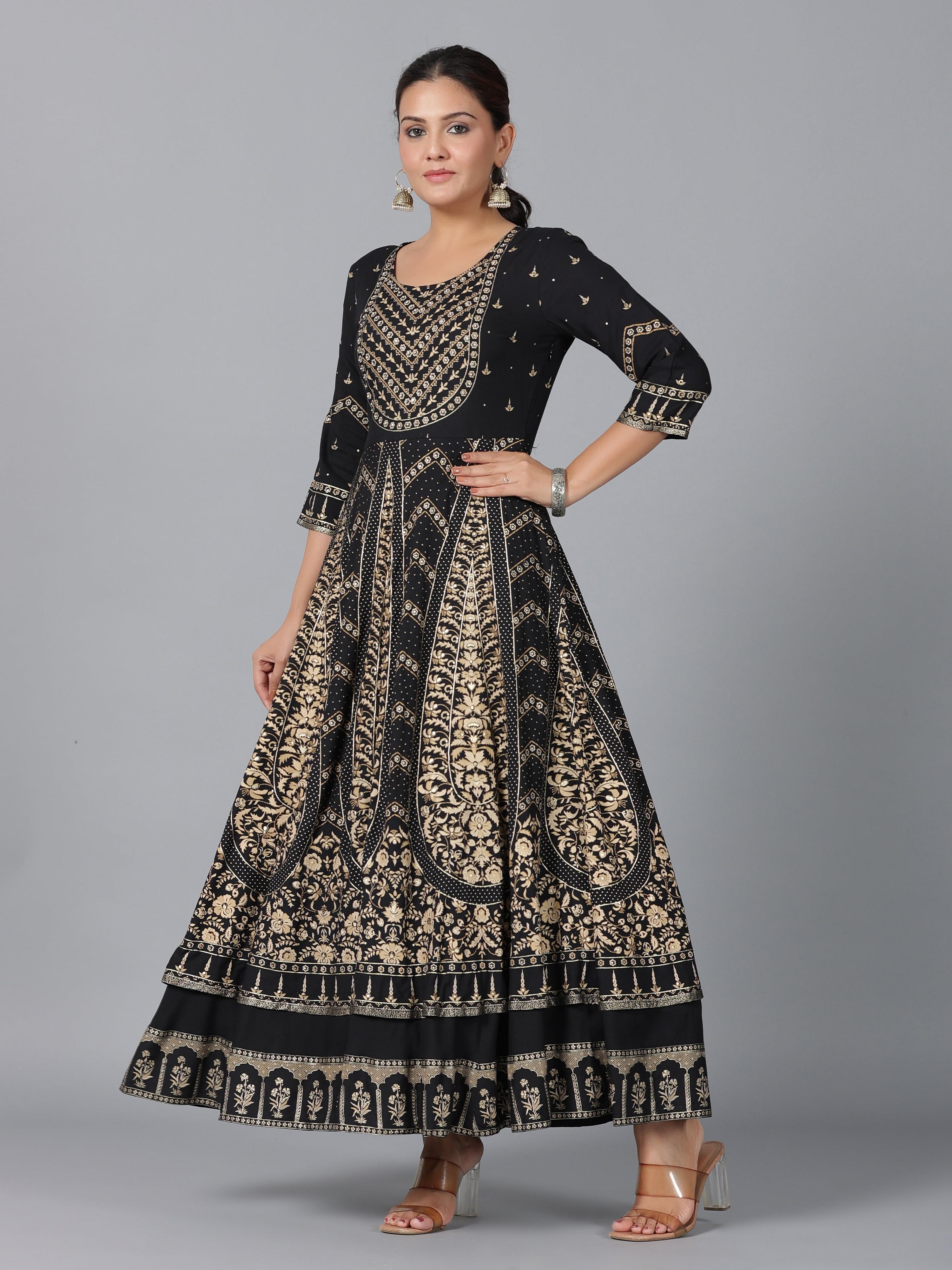 Juniper Women Black Rayon Printed Anarkali Dress | Grocsy