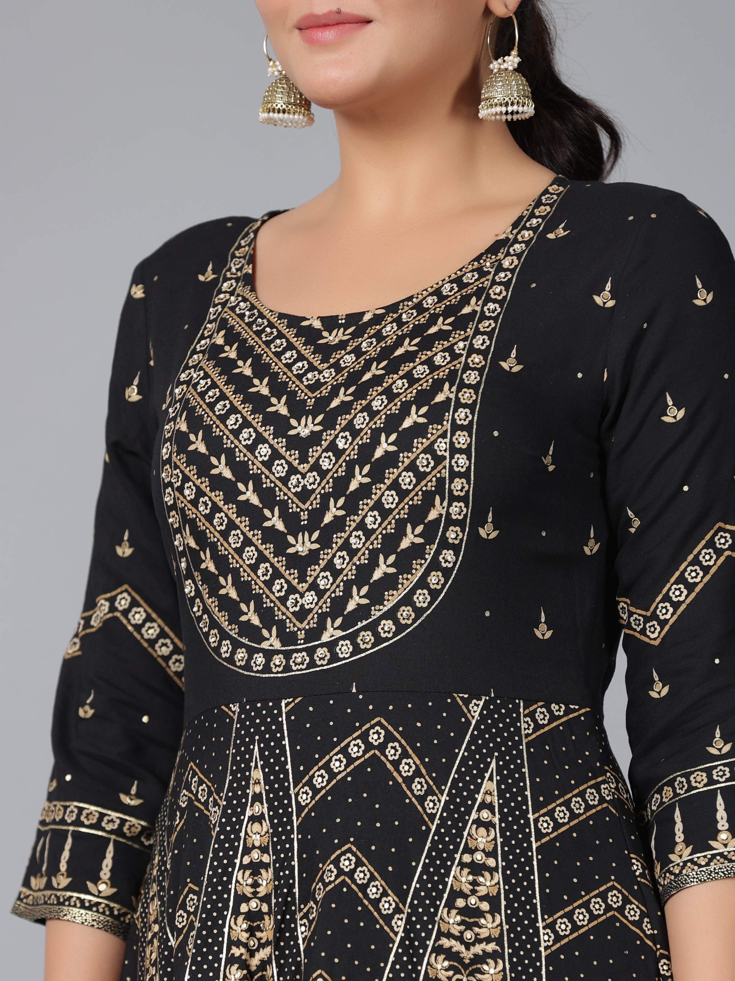 Juniper Women Black Rayon Printed Anarkali Dress | Grocsy
