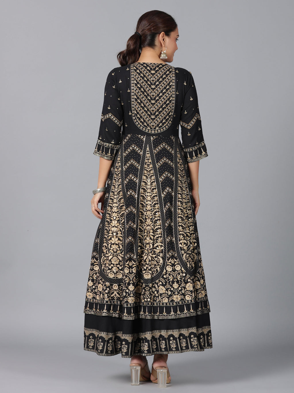 Juniper Women Black Rayon Printed Anarkali Dress | Grocsy