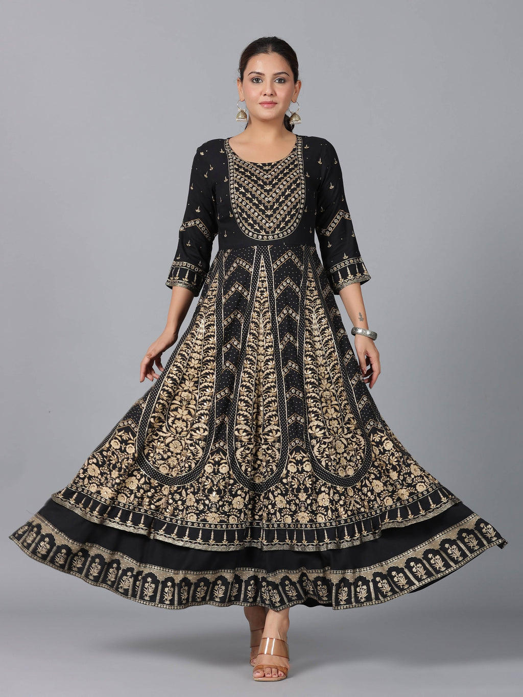 Juniper Women Black Rayon Printed Anarkali Dress | Grocsy