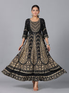 Juniper Women Black Rayon Printed Anarkali Dress | Grocsy