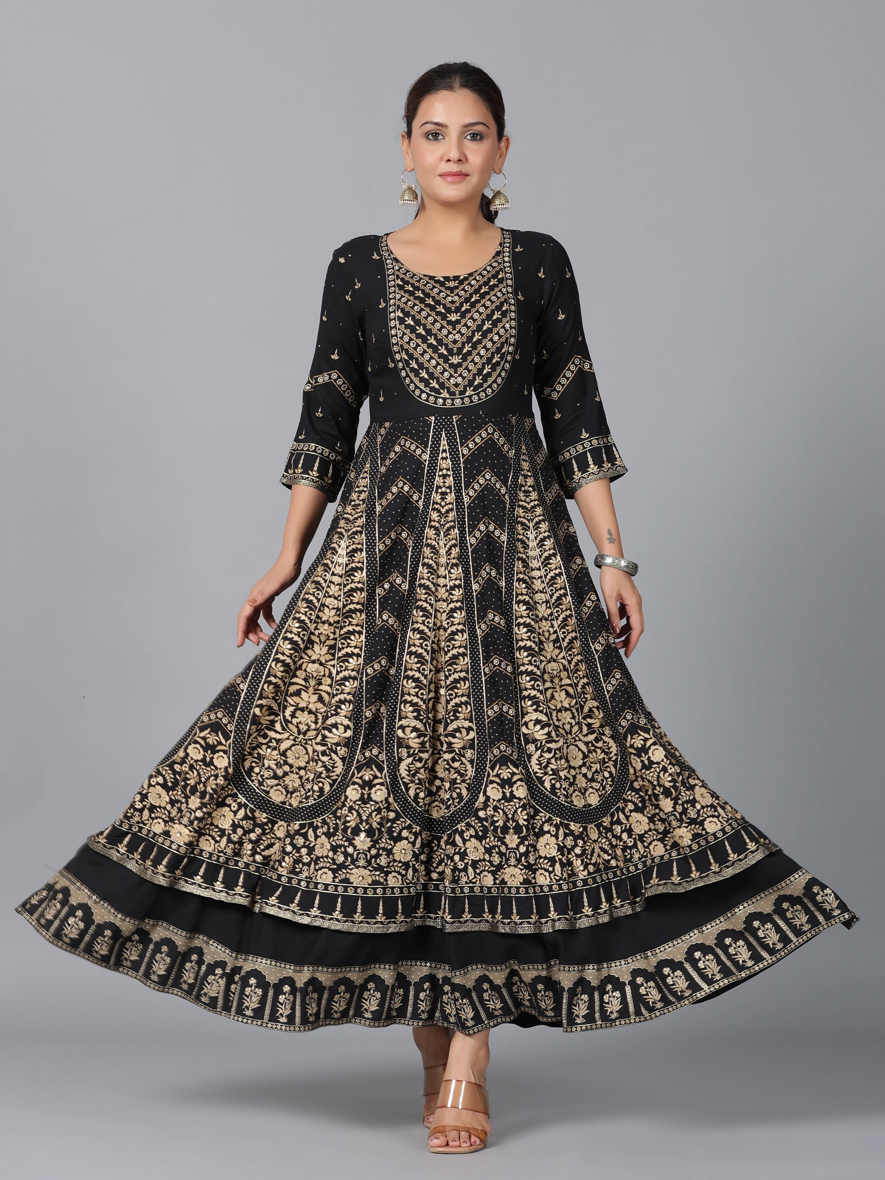 Juniper Women Black Rayon Printed Anarkali Dress | Grocsy