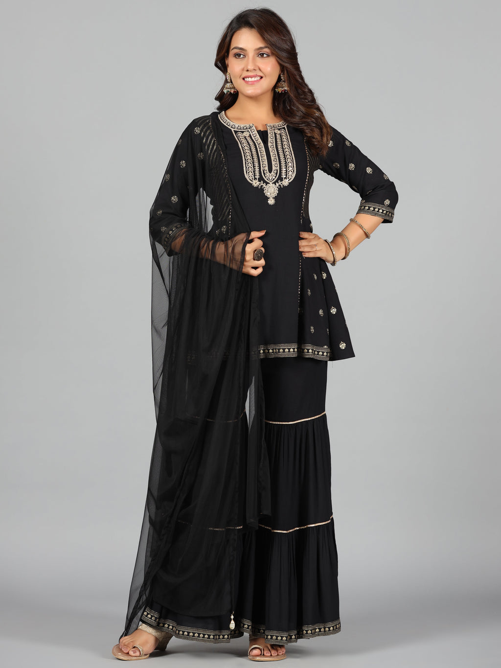 Juniper Women Black Rayon Printed Kurta, Sharara & Dupatta Set | Grocsy