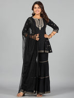 Juniper Women Black Rayon Printed Kurta, Sharara & Dupatta Set | Grocsy