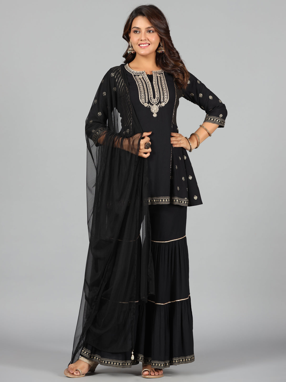 Juniper Women Black Rayon Printed Kurta, Sharara & Dupatta Set | Grocsy