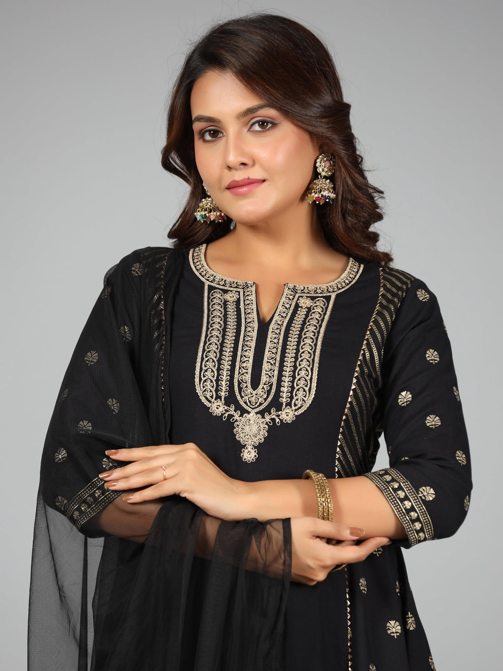 Juniper Women Black Rayon Printed Kurta, Sharara & Dupatta Set | Grocsy