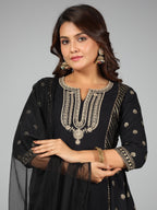 Juniper Women Black Rayon Printed Kurta, Sharara & Dupatta Set | Grocsy