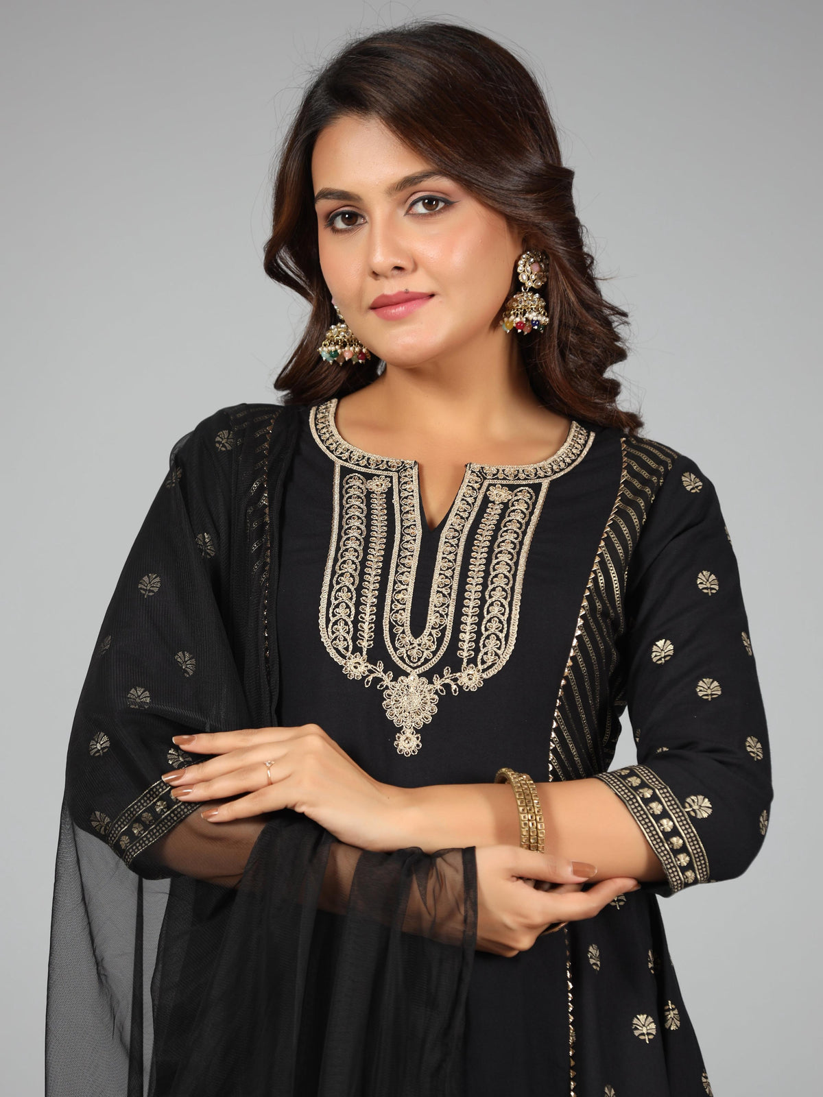 Juniper Women Black Rayon Printed Kurta, Sharara & Dupatta Set | Grocsy