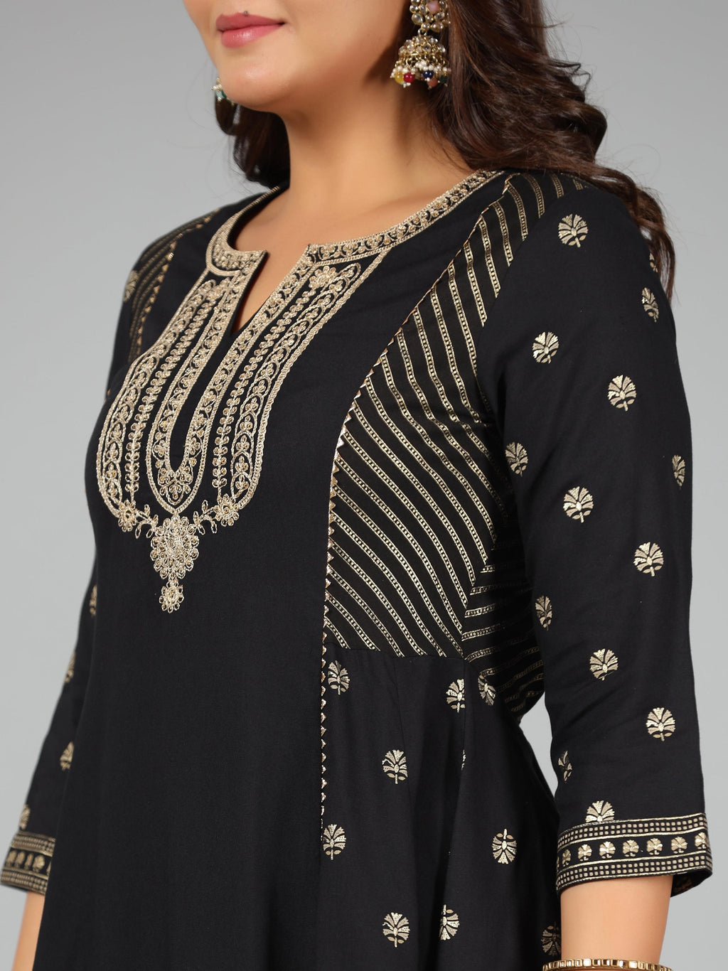 Juniper Women Black Rayon Printed Kurta, Sharara & Dupatta Set | Grocsy