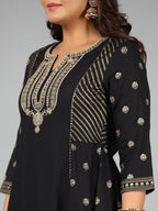 Juniper Women Black Rayon Printed Kurta, Sharara & Dupatta Set | Grocsy
