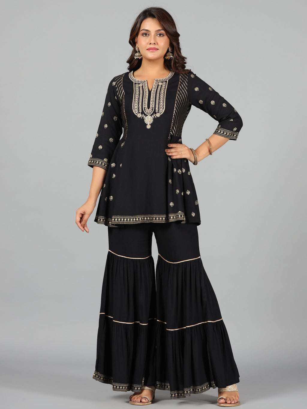 Juniper Women Black Rayon Printed Kurta, Sharara & Dupatta Set | Grocsy