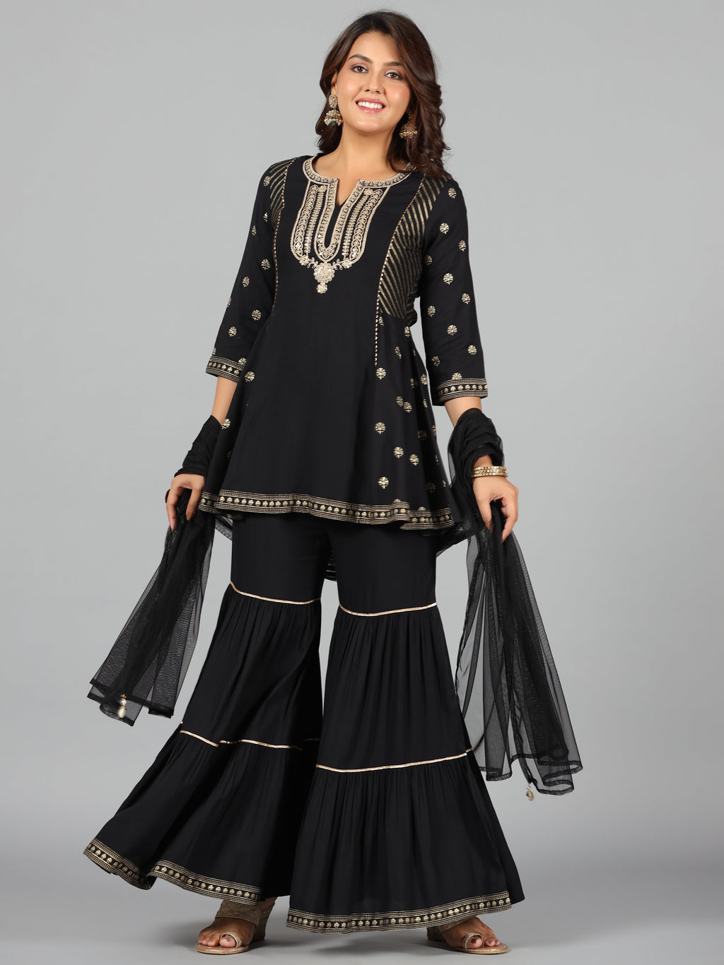 Juniper Women Black Rayon Printed Kurta, Sharara & Dupatta Set | Grocsy