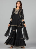 Juniper Women Black Rayon Printed Kurta, Sharara & Dupatta Set | Grocsy