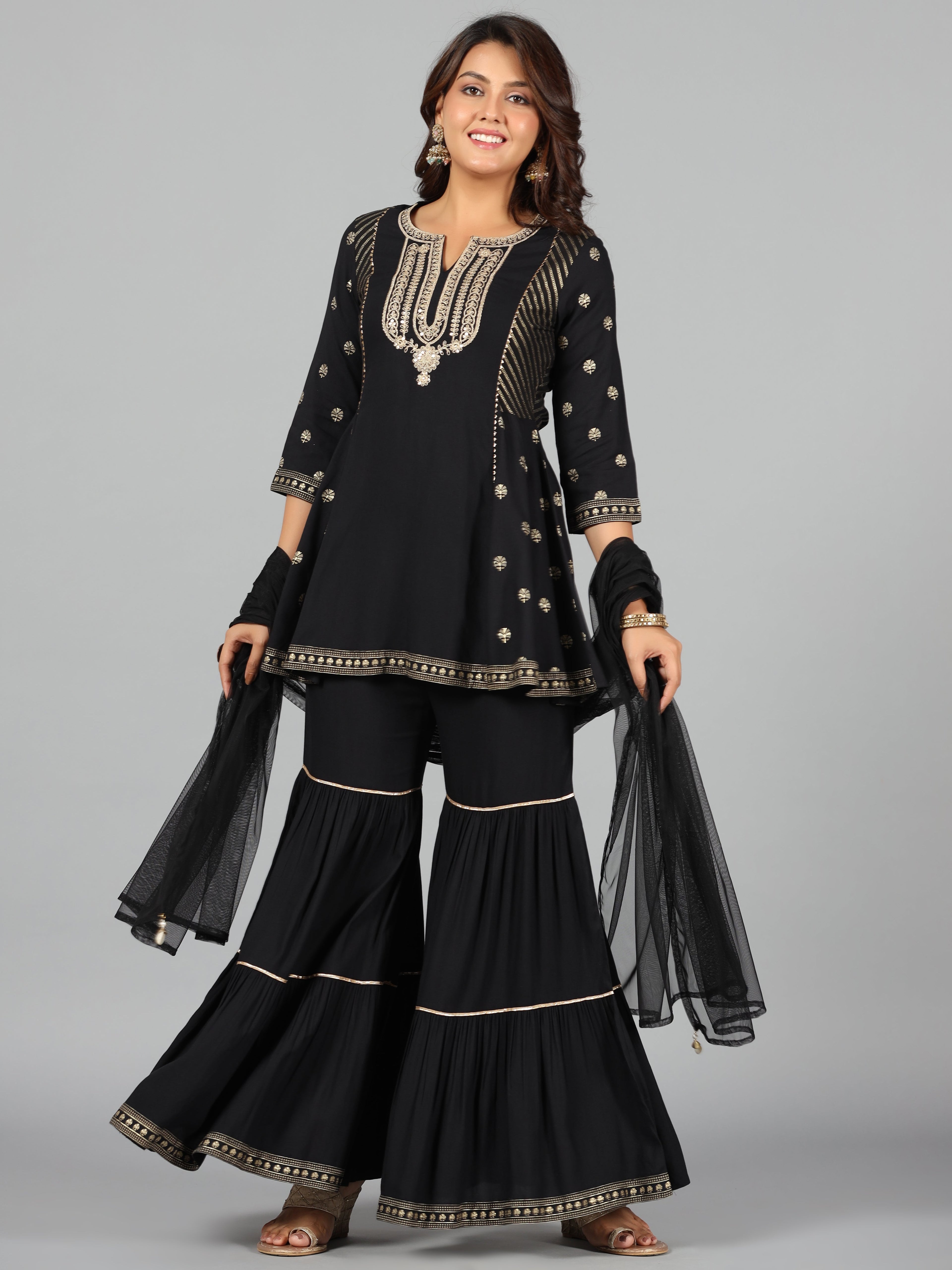 Juniper Women Black Rayon Printed Kurta, Sharara & Dupatta Set | Grocsy