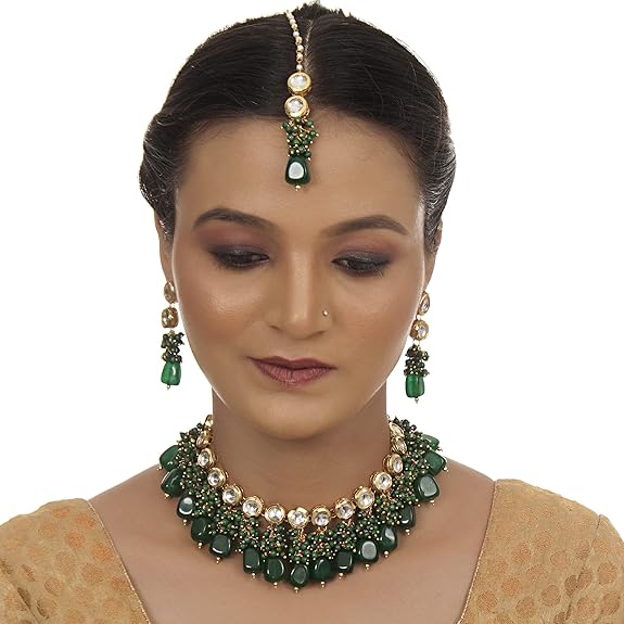 Tehzeeb Creations Back Meenakari Gold-Polished Tika Earring Jewellery Set Uncut Kundan Big Faux Kundan Dibbi Kundan Choker Necklace Set | Grocsy