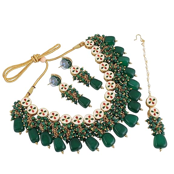 Tehzeeb Creations Back Meenakari Gold-Polished Tika Earring Jewellery Set Uncut Kundan Big Faux Kundan Dibbi Kundan Choker Necklace Set | Grocsy