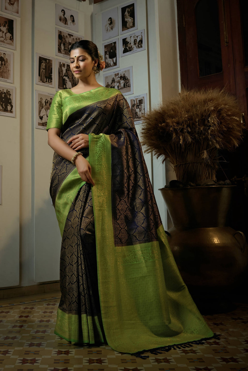 Vardha Beautiful Oxford Blue Golden Zari Kanjeevaram Silk Saree | Grocsy