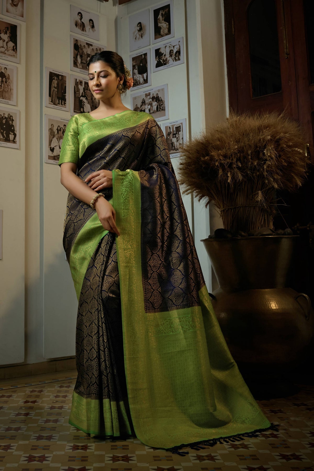 Vardha Beautiful Oxford Blue Golden Zari Kanjeevaram Silk Saree | Grocsy