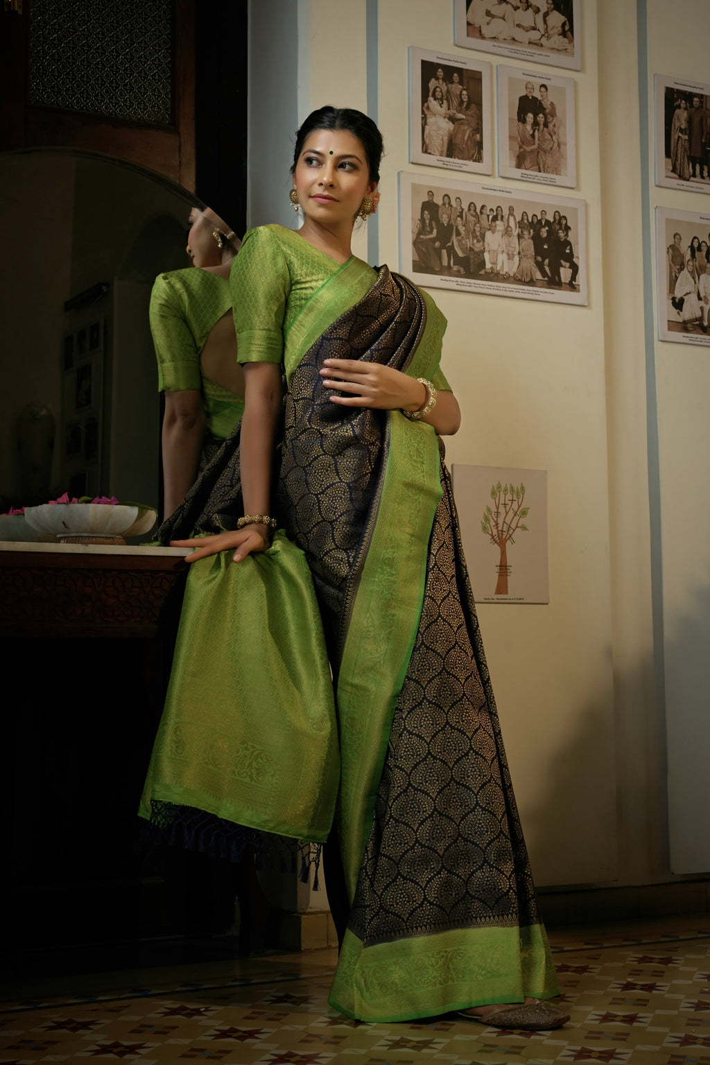 Vardha Beautiful Oxford Blue Golden Zari Kanjeevaram Silk Saree | Grocsy