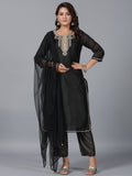 Juniper Women Black Chanderi Printed with Embroidery Kurta, Pants & Dupatta Set | Grocsy