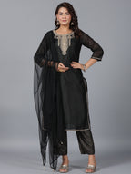 Juniper Women Black Chanderi Printed with Embroidery Kurta, Pants & Dupatta Set | Grocsy
