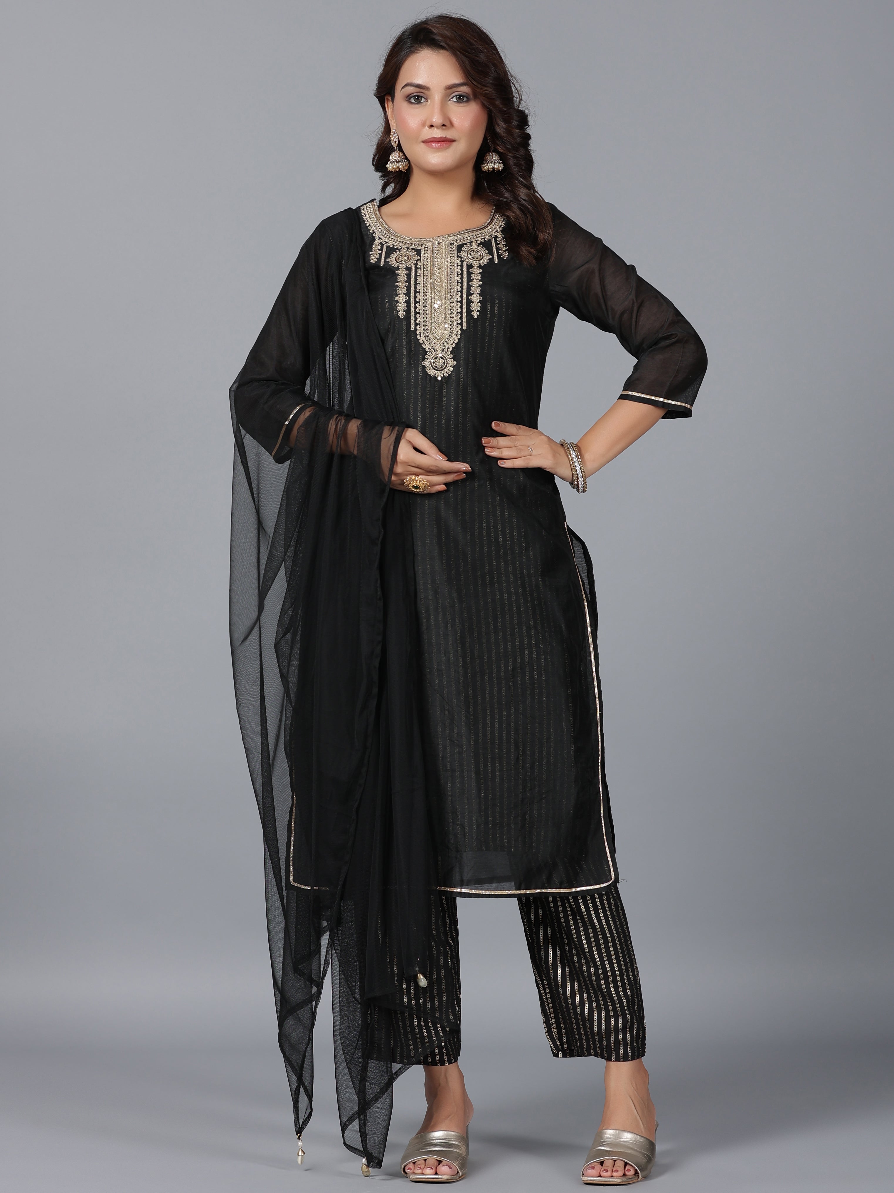 Juniper Women Black Chanderi Printed with Embroidery Kurta, Pants & Dupatta Set | Grocsy