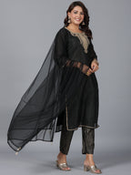 Juniper Women Black Chanderi Printed with Embroidery Kurta, Pants & Dupatta Set | Grocsy