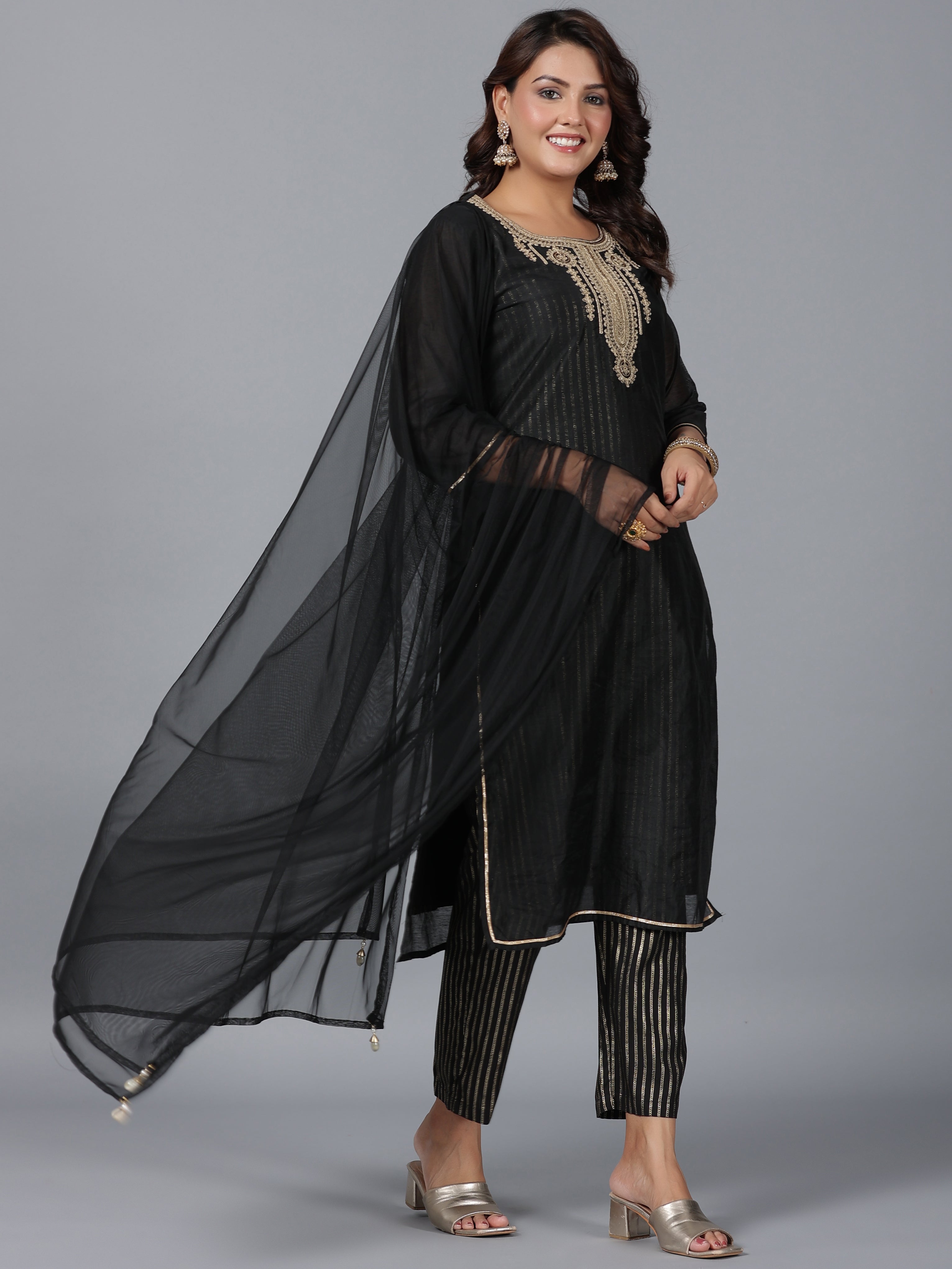 Juniper Women Black Chanderi Printed with Embroidery Kurta, Pants & Dupatta Set | Grocsy