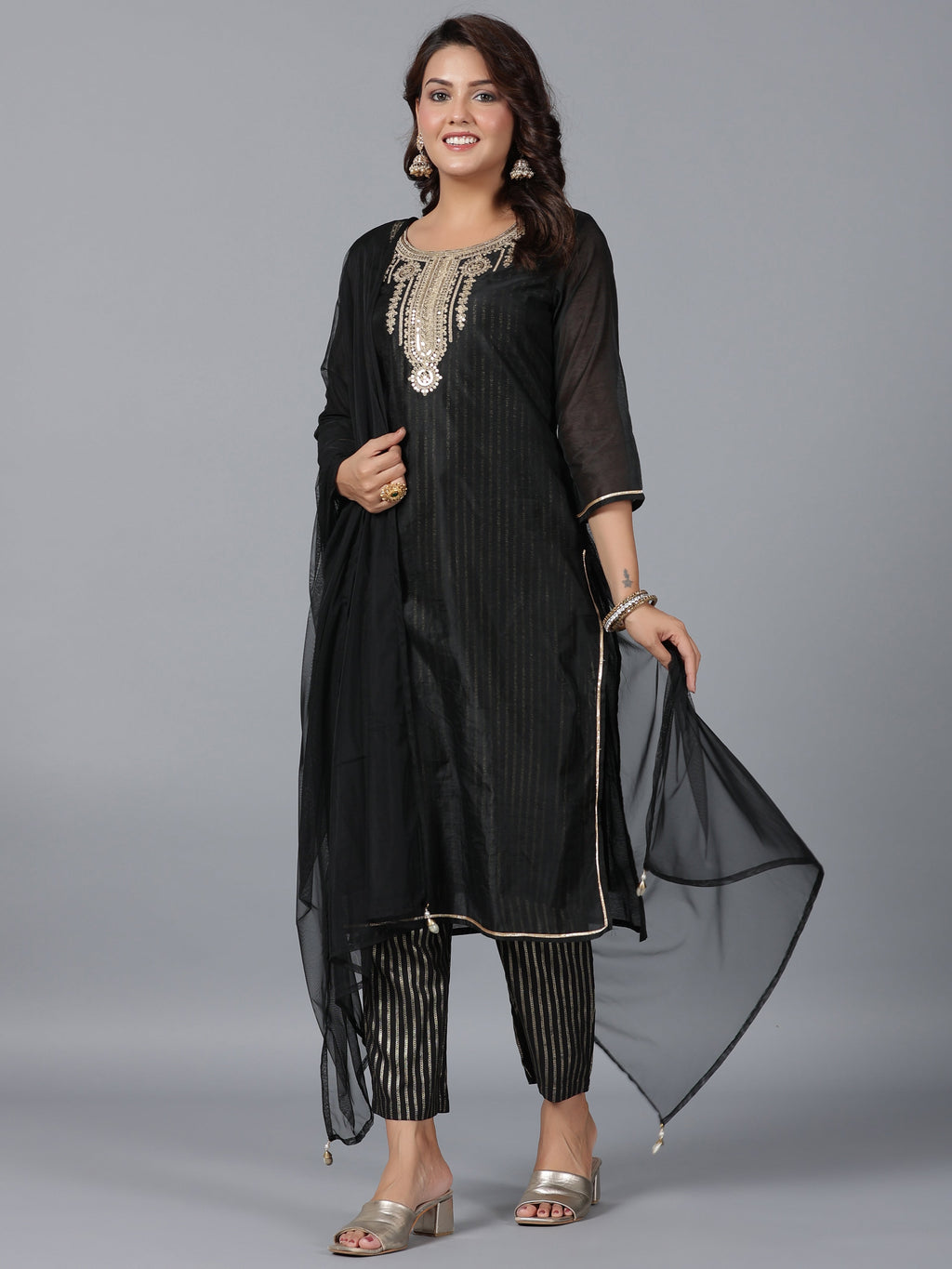 Juniper Women Black Chanderi Printed with Embroidery Kurta, Pants & Dupatta Set | Grocsy