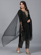 Juniper Women Black Chanderi Printed with Embroidery Kurta, Pants & Dupatta Set | Grocsy