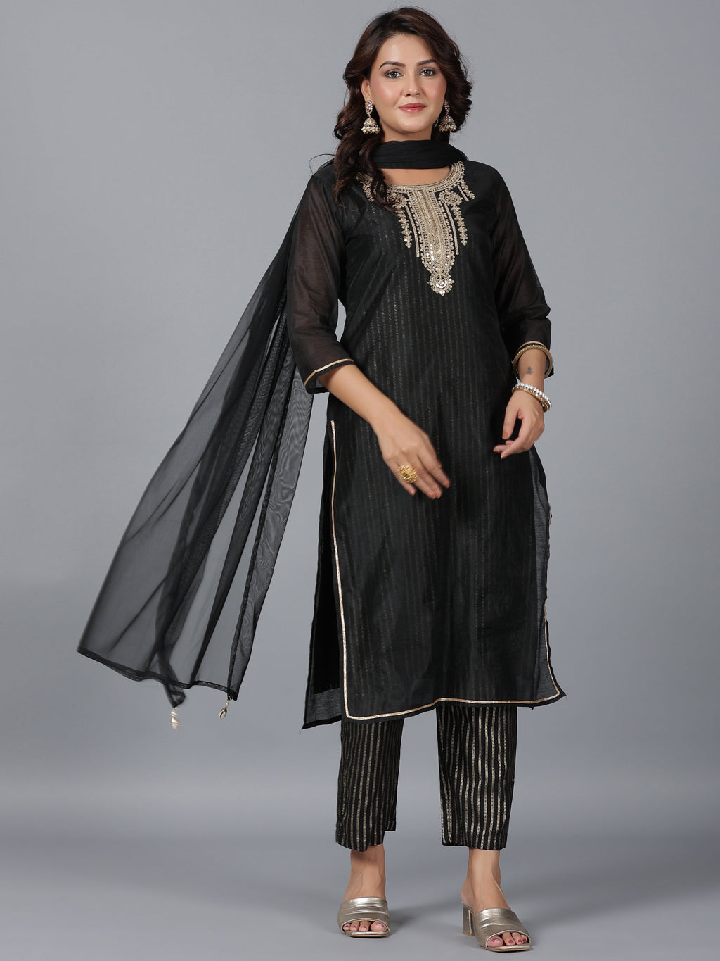 Juniper Women Black Chanderi Printed with Embroidery Kurta, Pants & Dupatta Set | Grocsy