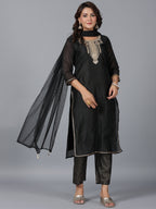 Juniper Women Black Chanderi Printed with Embroidery Kurta, Pants & Dupatta Set | Grocsy