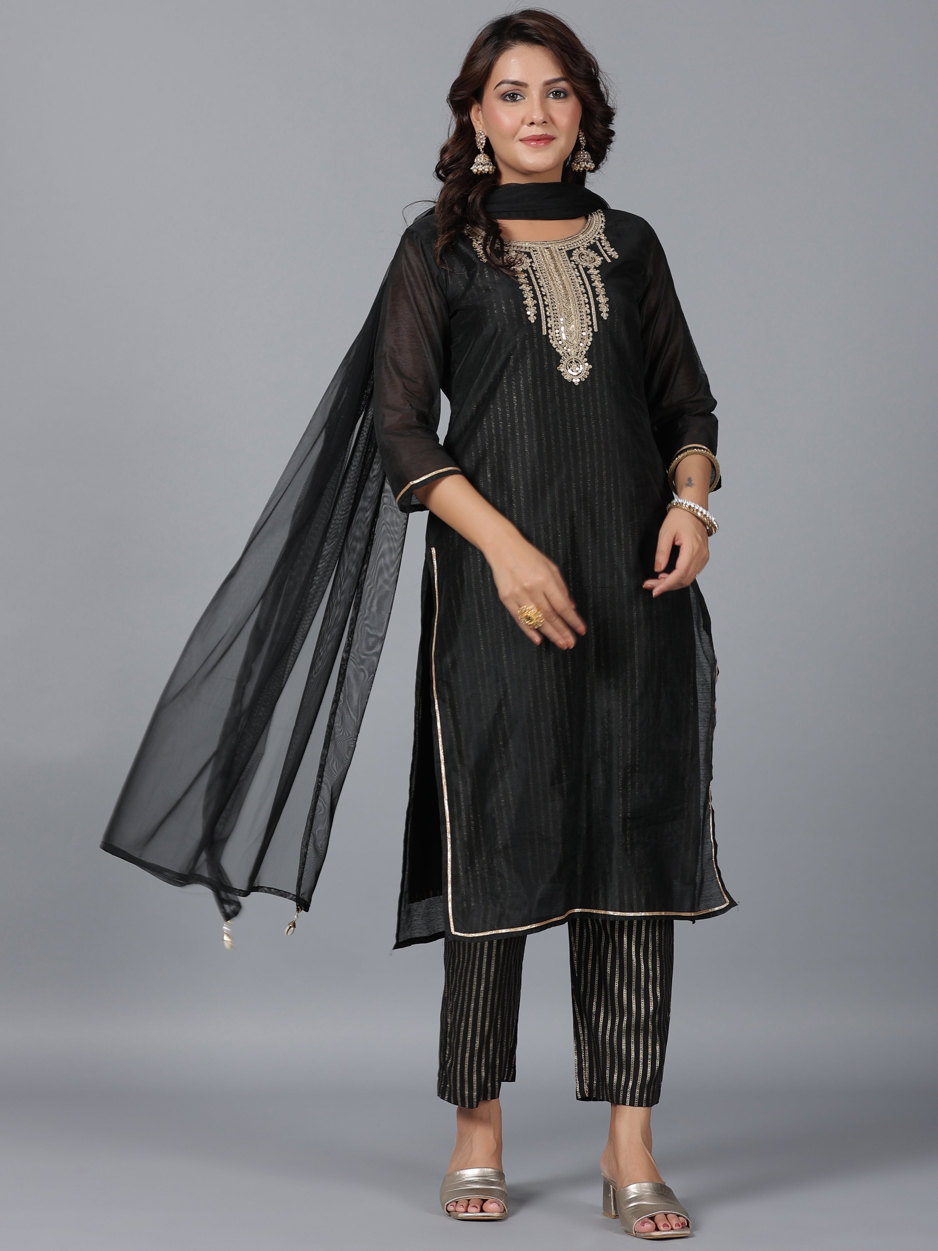 Juniper Women Black Chanderi Printed with Embroidery Kurta, Pants & Dupatta Set | Grocsy