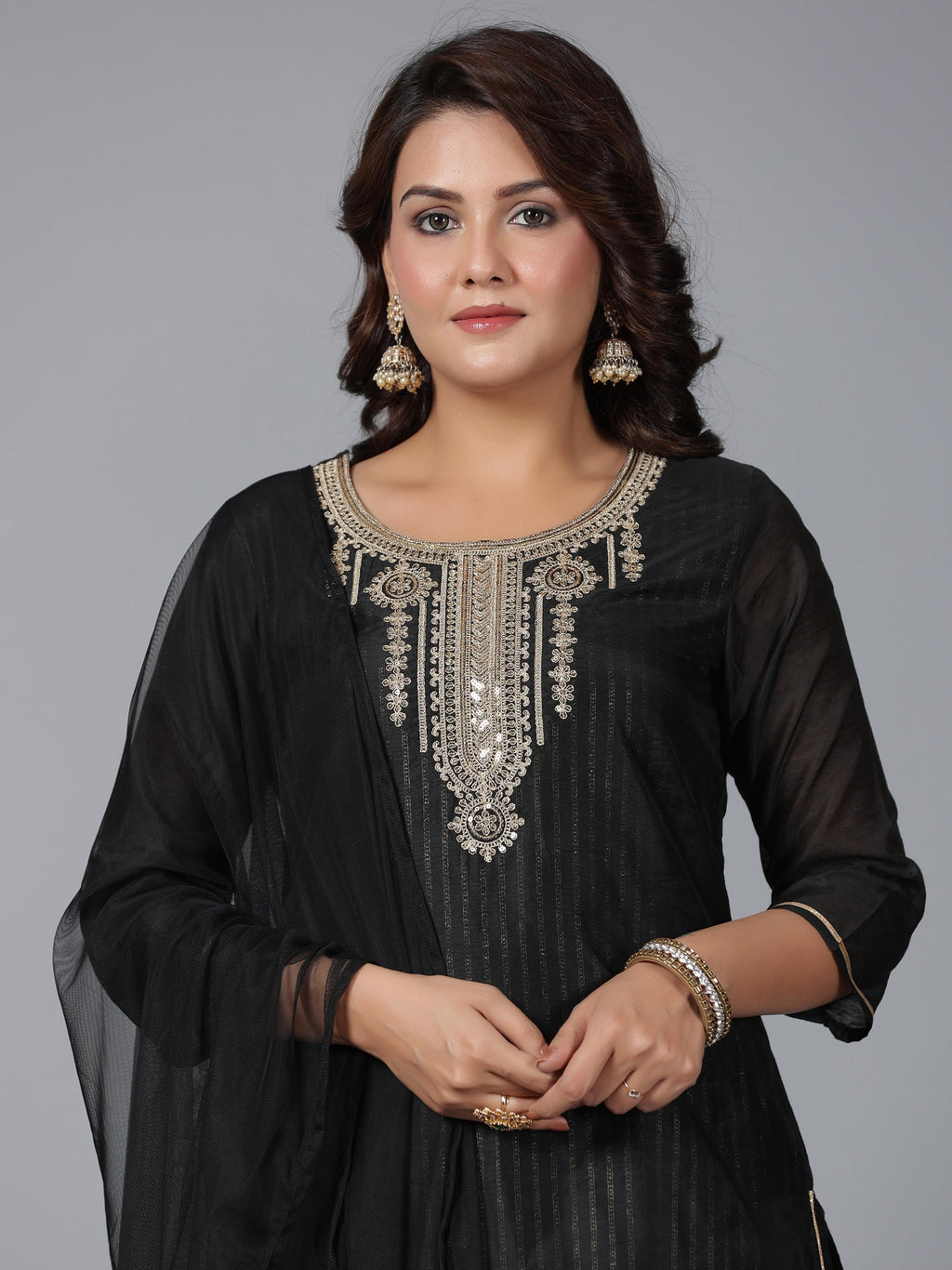 Juniper Women Black Chanderi Printed with Embroidery Kurta, Pants & Dupatta Set | Grocsy